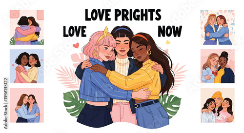 Illustration of diverse group of young friends showing love and support for each other in a colorful illustration with a