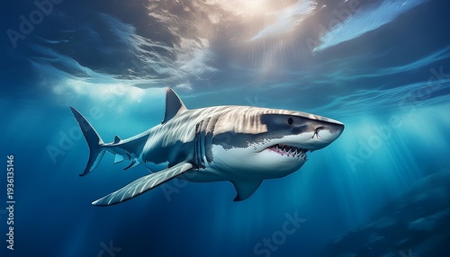 great white shark swimming in the deep blue ocean generative ai