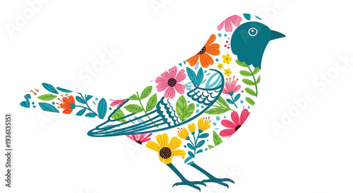 Illustration of colorful bird illustration with floral pattern on body standing
