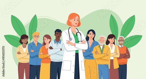 Illustration of diverse group of people standing together with a doctor in the center, symbolizing unity and healthcare, with green leaves in the background