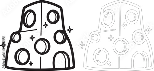 Black and white outline of a building with circular windows and stars