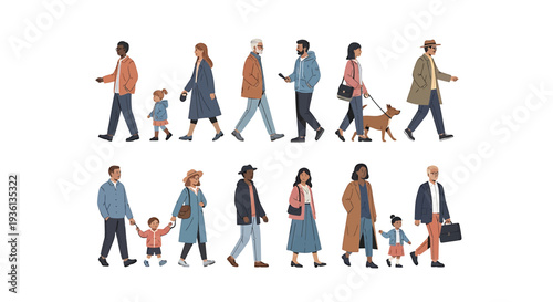 Illustration of diverse group of people walking in various poses with children and a dog