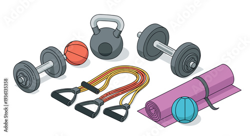 A collection of exercise equipment for a home workout routine
