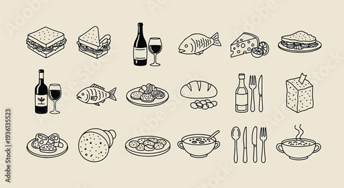 Illustration of a collection of various food and drink icons including wine, cheese, fish, and other dishes on a beige background