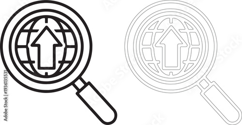 Magnifying glass over globe with upward arrow earth