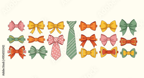 Illustration of collection of colorful bow ties and neckties in various patterns and designs on a beige background