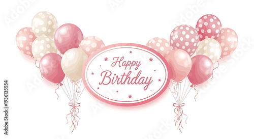 Illustration of pink and white balloons with happy birthday sign for celebration and party decoration
