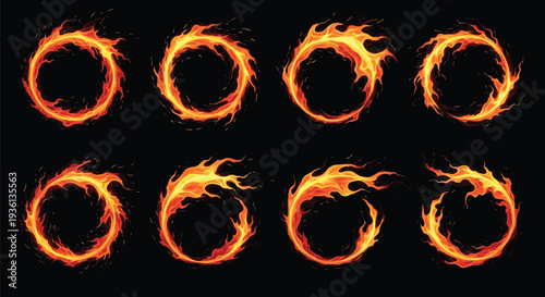Illustration of collection of eight fiery ring shapes with flames on for design and decoration purposes