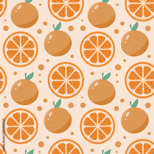 Seamless Orange Fruit Pattern with Slices on Beige Background