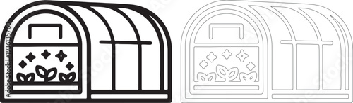 Black and white line greenhouse with plants