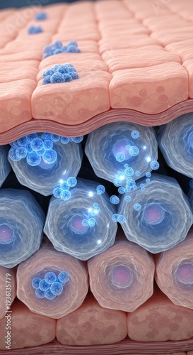 Dermal skin cells with active ingredient spheres dermatology biotechnology illustration