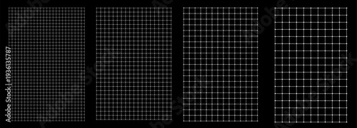 Set of square grids with circles at line crossings on black in four densities bold to micro. dot nodes precise matrix pages UI wireframes, network diagrams data dashboards. Modern technical bundle