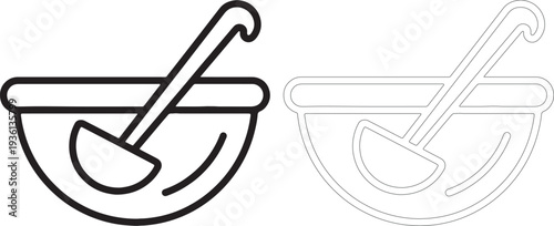 Black and white line of a soup bowl with ladle