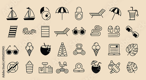 Illustration of collection of various summer vacation icons and symbols in line art style on beige background