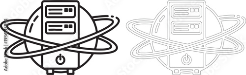 Black and white outline server with orbiting lines