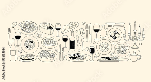 Illustration of a black and white illustration of various food and drink items on a table setting with plates glasses and utensils on a beige background