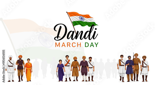 Illustration of people marching in a historical protest for Indian independence with a flag and Dandi March Day text.