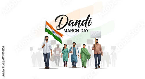 Illustration of people marching with a flag on Dandi March Day, a historical protest for Indian independence with a peaceful concept.
