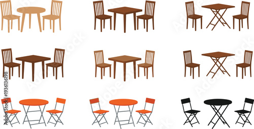 Dining table and chairs furniture set various styles wooden folding cafe table seating vector illustration collection isolated