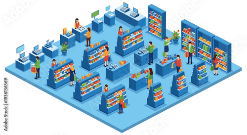Illustration of isometric illustration of people working at various colorful desks and counters in an office setting with multiple workstations and displays