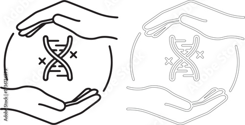 Minimal line of two hands holding D N A double helix with X's
