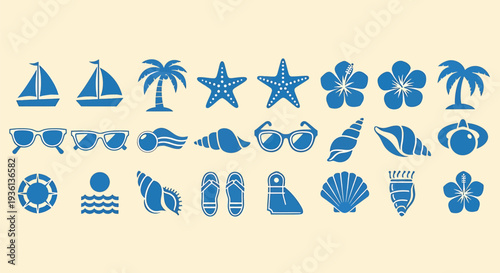 Illustration of collection of various blue beach icons on a beige background including sailboat starfish palm tree sunglasses seashells and more