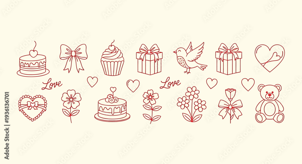 Fototapeta premium Illustration of collection of cute valentines day icons including gifts, cakes, hearts, flowers, and teddy bear on cream background