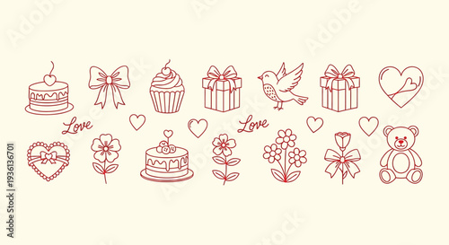 Illustration of collection of cute valentines day icons including gifts, cakes, hearts, flowers, and teddy bear on cream background