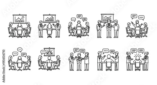 Human interaction icon set, social behavior icons for corporate and web design.