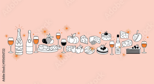 Illustration of a festive arrangement of wine glasses and desserts on a peach background with decorative elements