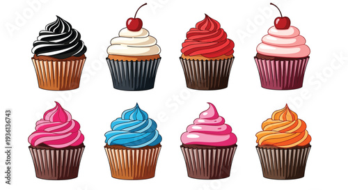 Illustration of a colorful assortment of cupcakes with various frostings and toppings