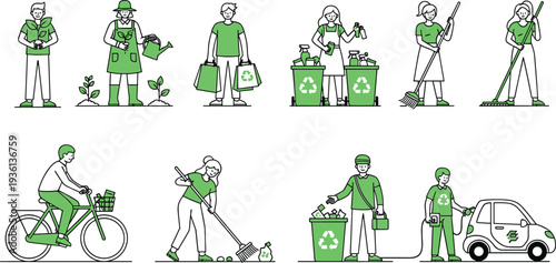 Eco friendly lifestyle activities illustration set, recycling gardening cleaning biking electric vehicle charging, sustainable living people line art icons collection
