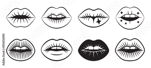 Beautiful female lips silhouettes set with various mouth shapes teeth and decorative elements for design