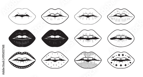 Set of lip and mouth illustrations, line art and solid fill, clean design, fashion and beauty themes