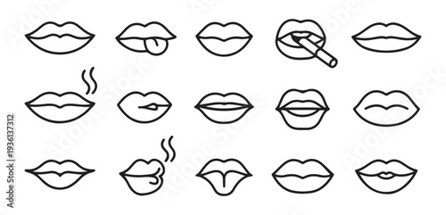 Collection of stylized lips and mouth icons in a thin line art graphic design