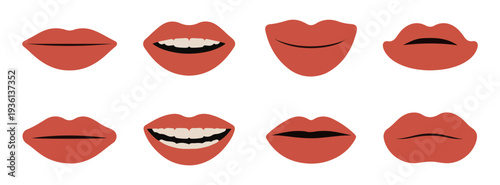 Flat design vector illustration of red lips with different expressions