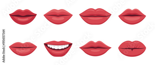 Collection of realistic red lips with glossy finish, various expressions
