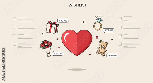 Wishlist Concept: Heart, Gift, Ring, Roses, Teddy Bear, Shopping List