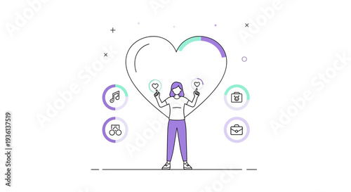 Woman Balancing Life Elements Around Large Heart Icon - Work, Music, Coffee