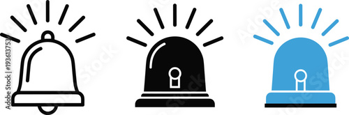 Emergency alarm bell icons set, alert siren symbol, notification warning signal, security alarm system icon collection, vector illustration