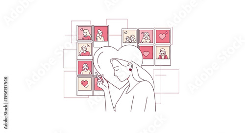 Woman holding Polaroid photos of loved ones with large heart symbol