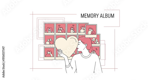 Woman holding large heart near memory album with pet photos