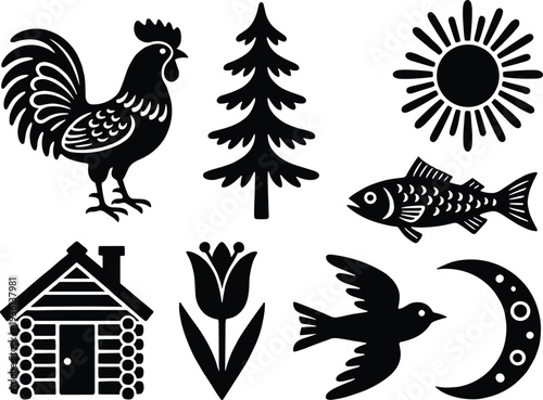 Folk art icon set with rooster, pine tree, sun, fish, log cabin, tulip, bird and crescent moon silhouettes, black vector collection isolated on white background.