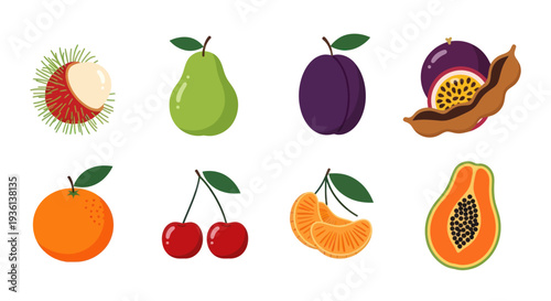 Assorted colorful fruits illustration on white