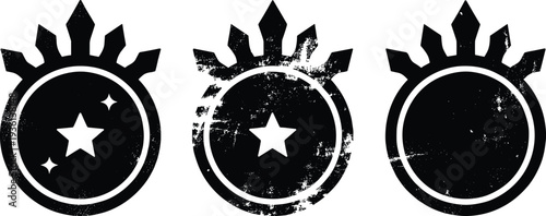 Medieval Shield Emblem Silhouette Set with Star Symbol and Distressed Grunge Texture, Black Vector Badge Collection Isolated on White Background for Logo and Branding