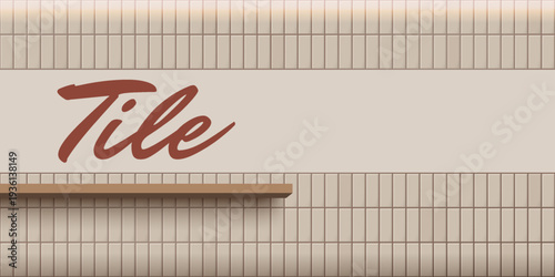 Subway tile background for banner. Vector copy space abstract design in beige colors with light effect and wooden shelf. Interior ceramic wall texture