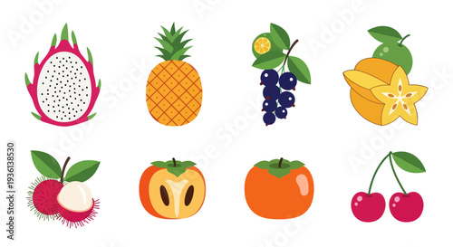 Assortment of exotic tropical fruit icons