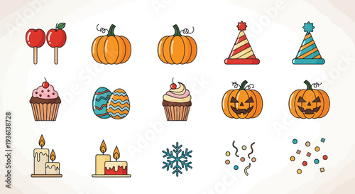 Autumnal and festive vector icon set