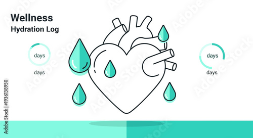 Wellness Hydration Log: Heart with Water Drops and Progress Circles