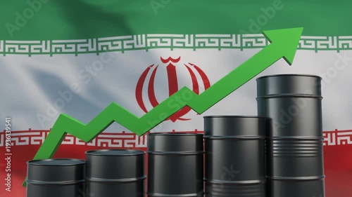 Ascending black oil barrels with green upward arrow and Iranian flag background, symbolizing growth in Iran’s oil production and market trends.